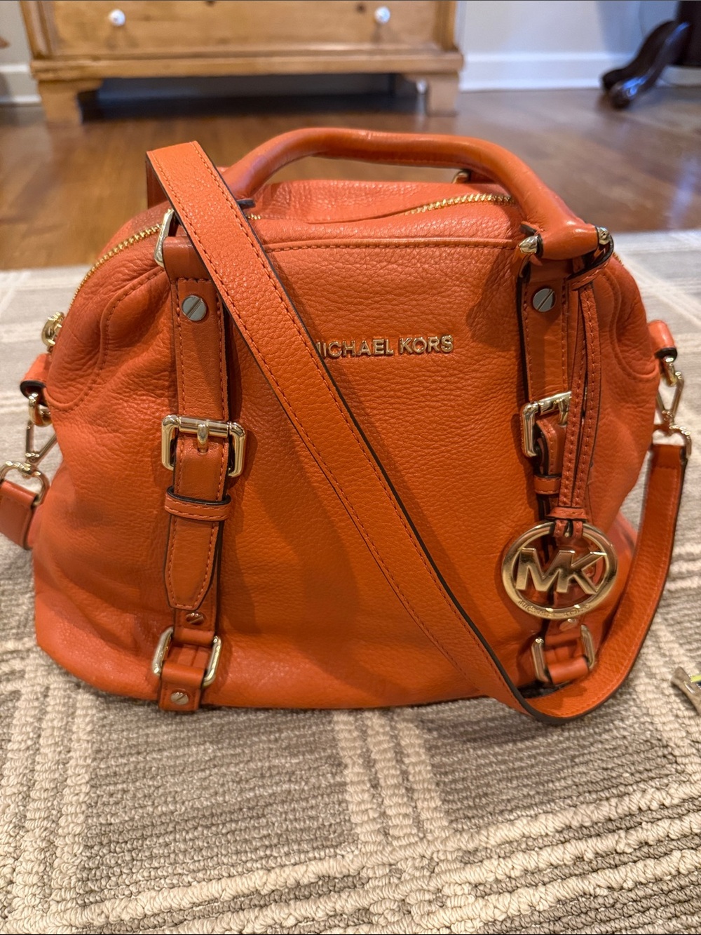 Michael Kors Bedford Large Bowling Satchel Orange Pebbled Leather